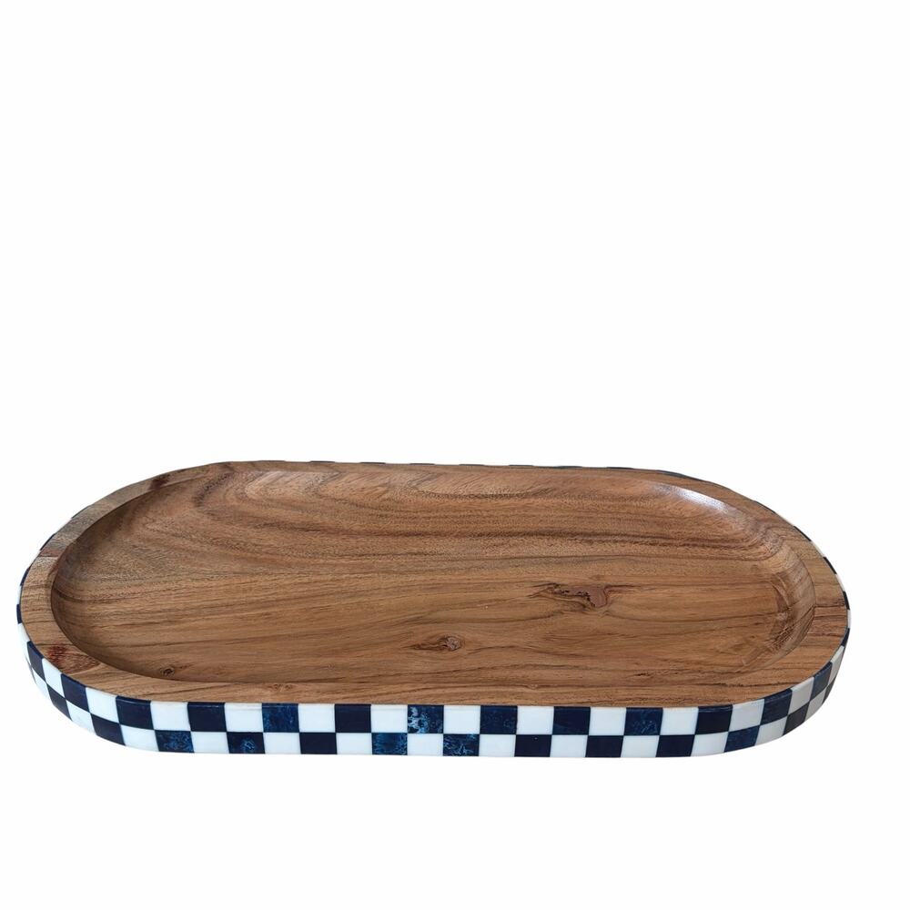 Blue & White Checkered Enameled Mango Wood Serving Tray 14x7 Made In India NEW - Picture 7 of 15